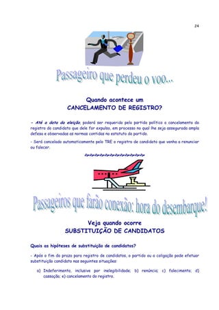 24
Quando acontece um
CANCELAMENTO DE REGISTRO?
- Até a data da eleição, poderá ser requerido pelo partido político o cancelamento do
registro do candidato que dele for expulso, em processo no qual lhe seja assegurada ampla
defesa e observadas as normas contidas no estatuto do partido.
- Será cancelado automaticamente pelo TRE o registro de candidato que venha a renunciar
ou falecer.
Veja quando ocorre
SUBSTITUIÇÃO DE CANDIDATOS
Quais as hipóteses de substituição de candidatos?
- Após o fim do prazo para registro de candidatos, o partido ou a coligação pode efetuar
substituição candidato nas seguintes situações:
a) Indeferimento, inclusive por inelegibilidade; b) renúncia; c) falecimento; d)
cassação; e) cancelamento do registro.
 
