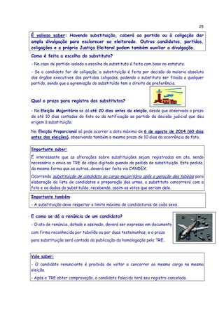 25
É valioso saber: Havendo substituição, caberá ao partido ou à coligação dar
ampla divulgação para esclarecer ao eleitorado. Outros candidatos, partidos,
coligações e a própria Justiça Eleitoral podem também auxiliar a divulgação.
Como é feita a escolha do substituto?
- No caso de partido isolado a escolha do substituto é feita com base no estatuto.
- Se o candidato for de coligação, a substituição é feita por decisão da maioria absoluta
dos órgãos executivos dos partidos coligados, podendo o substituto ser filiado a qualquer
partido, sendo que a agremiação do substituído tem o direito de preferência.
Qual o prazo para registro dos substitutos?
- Na Eleição Majoritária se dá até 20 dias antes da eleição, desde que observado o prazo
de até 10 dias contados do fato ou da notificação ao partido da decisão judicial que deu
origem à substituição.
Na Eleição Proporcional só pode ocorrer a data máxima de 6 de agosto de 2014 (60 dias
antes das eleições), observando também o mesmo prazo de 10 dias da ocorrência do fato.
Importante saber:
É interessante que as alterações sobre substituições sejam registradas em ata, sendo
necessário o envio ao TRE de cópia digitada quando do pedido de substituição. Este pedido,
da mesma forma que os outros, deverá ser feito via CANDEX.
Ocorrendo substituição de candidato ao cargo majoritário após a geração das tabelas para
elaboração da lista de candidatos e preparação das urnas, o substituto concorrerá com a
foto e os dados do substituído, recebendo, assim os votos que seriam dele.
Importante também:
- A substituição deve respeitar o limite máximo de candidaturas de cada sexo.
E como se dá a renúncia de um candidato?
- O ato de renúncia, datado e assinado, deverá ser expresso em documento
com firma reconhecida por tabelião ou por duas testemunhas, e o prazo
para substituição será contado da publicação da homologação pelo TRE.
Vale saber:
- O candidato renunciante é proibido de voltar a concorrer ao mesmo cargo na mesma
eleição.
- Após o TRE obter comprovação, o candidato falecido terá seu registro cancelado.
 