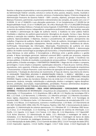 ZĞĐĞŝƚĂƐ Ğ ĚĞƐƉĞƐĂƐ ŽƌĕĂŵĞŶƚĄƌŝĂƐ Ğ ĞǆƚƌĂͲŽƌĕĂŵĞŶƚĄƌŝĂƐ͗ ŝŶƚĞƌĨĞƌġŶĐŝĂƐ Ğ ŵƵƚĂĕƁĞƐ͘ ϳ WůĂŶŽ ĚĞ ĐŽŶƚĂƐ
ĚĂ ĚŵŝŶŝƐƚƌĂĕĆŽ ĞĚĞƌĂů͗ ĐŽŶĐĞŝƚŽ͕ ĞƐƚƌƵƚƵƌĂ Ğ ĐŽŶƚĂƐ ĚŽ ĂƚŝǀŽ͕ ƉĂƐƐŝǀŽ͕ ĚĞƐƉĞƐĂ͕ ƌĞĐĞŝƚĂ͕ ƌĞƐƵůƚĂĚŽ Ğ
ĐŽŵƉĞŶƐĂĕĆŽ͘ ϴ dĂďĞůĂ ĚĞ ĞǀĞŶƚŽƐ͗ ĐŽŶĐĞŝƚŽ͕ ĞƐƚƌƵƚƵƌĂ Ğ ĨƵŶĚĂŵĞŶƚŽƐ ůſŐŝĐŽƐ͘ ϵ ^ŝƐƚĞŵĂ /ŶƚĞŐƌĂĚŽ ĚĞ
ĚŵŝŶŝƐƚƌĂĕĆŽ ŝŶĂŶĐĞŝƌĂ ĚŽ 'ŽǀĞƌŶŽ ĞĚĞƌĂů ʹ ^/ /͗ ĐŽŶĐĞŝƚŽ͕ ŽďũĞƚŝǀŽƐ͕ ƉƌŝŶĐŝƉĂŝƐ ĚŽĐƵŵĞŶƚŽƐ͘ ϭϬ
ĂůĂŶĕŽƐ ĨŝŶĂŶĐĞŝƌŽ͕ ƉĂƚƌŝŵŽŶŝĂů͕ ŽƌĕĂŵĞŶƚĄƌŝŽ Ğ ĚĞŵŽŶƐƚƌĂƚŝǀŽ ĚĂƐ ǀĂƌŝĂĕƁĞƐ͕ ĚĞ ĂĐŽƌĚŽ ĐŽŵ Ă Ğŝ Ŷ͘Ǒ
ϰ͘ϯϮϬͬϲϰ͘ ϭϭ Ğŝ Ŷ͘Ǒ ϴ͘ϲϲϲͬϵϯ Ğ ƐƵĂƐ ĂůƚĞƌĂĕƁĞƐ ƉŽƐƚĞƌŝŽƌĞƐ͘ ϭϮ Ğŝ ŽŵƉůĞŵĞŶƚĂƌ Ŷ͘Ǒ ϭϬϭͬϬϬ ;Ğŝ ĚĞ
ZĞƐƉŽŶƐĂďŝůŝĚĂĚĞ ŝƐĐĂůͿ͘ ϭϯ Ğŝ Ŷ͘Ǒ ϵ͘Ϭϵϲͬϵϱ ;ĂƌƚƐ͘ ϯϬ Ă ϰϰͿ Ğ ZĞƐŽůƵĕĆŽ d^ Ŷ͘Ǒ Ϯϭ͘ϴϰϭͬϮϬϬϰ ;WƌĞƐƚĂĕĆŽ
ĚĞ ŽŶƚĂƐ ĚŽƐ WĂƌƚŝĚŽƐ WŽůşƚŝĐŽƐ Ğ dŽŵĂĚĂ ĚĞ ŽŶƚĂƐ ƐƉĞĐŝĂůͿ͘ /// h/dKZ/ ͘ ϭ EŽƌŵĂƐ ďƌĂƐŝůĞŝƌĂƐ ƉĂƌĂ
Ž ĞǆĞƌĐşĐŝŽ ĚĂ ĂƵĚŝƚŽƌŝĂ ŝŶƚĞƌŶĂ͗ ŝŶĚĞƉĞŶĚġŶĐŝĂ͕ ĐŽŵƉĞƚġŶĐŝĂ ƉƌŽĨŝƐƐŝŽŶĂů͕ ąŵďŝƚŽ ĚŽ ƚƌĂďĂůŚŽ͕ ĞǆĞĐƵĕĆŽ
ĚŽ ƚƌĂďĂůŚŽ Ğ ĂĚŵŝŶŝƐƚƌĂĕĆŽ ĚŽ ſƌŐĆŽ ĚĞ ĂƵĚŝƚŽƌŝĂ ŝŶƚĞƌŶĂ͘ Ϯ ƵĚŝƚŽƌŝĂ ŶŽ ƐĞƚŽƌ ƉƷďůŝĐŽ ĨĞĚĞƌĂů͘
ŝŶĂůŝĚĂĚĞƐ Ğ ŽďũĞƚŝǀŽƐ ĚĂ ĂƵĚŝƚŽƌŝĂ ŐŽǀĞƌŶĂŵĞŶƚĂů͘ ďƌĂŶŐġŶĐŝĂ ĚĞ ĂƚƵĂĕĆŽ͘ ŽƌŵĂƐ Ğ ƚŝƉŽƐ͘ EŽƌŵĂƐ
ƌĞůĂƚŝǀĂƐ ă ĞǆĞĐƵĕĆŽ ĚŽƐ ƚƌĂďĂůŚŽƐ͘ EŽƌŵĂƐ ƌĞůĂƚŝǀĂƐ ă ŽƉŝŶŝĆŽ ĚŽ ĂƵĚŝƚŽƌ͘ ZĞůĂƚſƌŝŽƐ Ğ ƉĂƌĞĐĞƌĞƐ ĚĞ
ĂƵĚŝƚŽƌŝĂ͘ KƉĞƌĂĐŝŽŶĂůŝĚĂĚĞ͘ ϯ KďũĞƚŝǀŽƐ͕ ƚĠĐŶŝĐĂƐ Ğ ƉƌŽĐĞĚŝŵĞŶƚŽƐ ĚĞ ĂƵĚŝƚŽƌŝĂ͗ ƉůĂŶĞũĂŵĞŶƚŽ ĚŽƐ
ƚƌĂďĂůŚŽƐ͘ WƌŽŐƌĂŵĂƐ ĚĞ ĂƵĚŝƚŽƌŝĂ͘ WĂƉĠŝƐ ĚĞ ƚƌĂďĂůŚŽ͘ dĞƐƚĞƐ ĚĞ ĂƵĚŝƚŽƌŝĂ͘ ŵŽƐƚƌĂŐĞŵ ĞƐƚĂƚşƐƚŝĐĂ Ğŵ
ĂƵĚŝƚŽƌŝĂ͘ ǀĞŶƚŽƐ ŽƵ ƚƌĂŶƐĂĕƁĞƐ ƐƵďƐĞƋƺĞŶƚĞƐ͘ ZĞǀŝƐĆŽ ĂŶĂůşƚŝĐĂ͘ ŶƚƌĞǀŝƐƚĂ͘ ŽŶĨĞƌġŶĐŝĂ ĚĞ ĐĄůĐƵůŽ͘
ŽŶĨŝƌŵĂĕĆŽ͘ /ŶƚĞƌƉƌĞƚĂĕĆŽ ĚĂƐ ŝŶĨŽƌŵĂĕƁĞƐ͘ KďƐĞƌǀĂĕĆŽ͘ WƌŽĐĞĚŝŵĞŶƚŽƐ ĚĞ ĂƵĚŝƚŽƌŝĂ Ğŵ ĄƌĞĂƐ
ĞƐƉĞĐşĨŝĐĂƐ ĚĂƐ ĚĞŵŽŶƐƚƌĂĕƁĞƐ ĐŽŶƚĄďĞŝƐ͘ /s EKK^  D/E/^dZ  K Wj/ ͘ ϭ ĚŵŝŶŝƐƚƌĂĕĆŽ
ƉƷďůŝĐĂ͗ ĚŽ ŵŽĚĞůŽ ƌĂĐŝŽŶĂůͲůĞŐĂů ĂŽ ƉĂƌĂĚŝŐŵĂ ƉſƐͲďƵƌŽĐƌĄƚŝĐŽ͘ Ϯ ŵƉƌĞĞŶĚĞĚŽƌŝƐŵŽ ŐŽǀĞƌŶĂŵĞŶƚĂů Ğ
ŶŽǀĂƐ ůŝĚĞƌĂŶĕĂƐ ŶŽ ƐĞƚŽƌ ƉƷďůŝĐŽ͘ ϯ ŽŶǀĞƌŐġŶĐŝĂƐ Ğ ĚŝĨĞƌĞŶĕĂƐ ĞŶƚƌĞ Ă ŐĞƐƚĆŽ ƉƷďůŝĐĂ Ğ Ă ŐĞƐƚĆŽ
ƉƌŝǀĂĚĂ͘ ϰ EŽǀĂƐ ƚĞĐŶŽůŽŐŝĂƐ ŐĞƌĞŶĐŝĂŝƐ͗ ďĂůĂŶĐĞĚ ƐĐŽƌĞĐĂƌĚ ;^Ϳ Ğ ŐĞƐƚĆŽ ƉŽƌ ƉƌŽĐĞƐƐŽƐ͖ ŝŵƉĂĐƚŽƐ
ƐŽďƌĞ Ă ĐŽŶĨŝŐƵƌĂĕĆŽ ĚĂƐ ŽƌŐĂŶŝǌĂĕƁĞƐ ƉƷďůŝĐĂƐ Ğ ƐŽďƌĞ ŽƐ ƉƌŽĐĞƐƐŽƐ ĚĞ ŐĞƐƚĆŽ͘ ϱ ǆĐĞůġŶĐŝĂ ŶŽƐ
ƐĞƌǀŝĕŽƐ ƉƷďůŝĐŽƐ͘ ϲ 'ĞƐƚĆŽ ĚĞ ƌĞƐƵůƚĂĚŽƐ ŶĂ ƉƌŽĚƵĕĆŽ ĚĞ ƐĞƌǀŝĕŽƐ ƉƷďůŝĐŽƐ͘ ϳ K ƉĂƌĂĚŝŐŵĂ ĚŽ ĐůŝĞŶƚĞ ŶĂ
ŐĞƐƚĆŽ ƉƷďůŝĐĂ͘ ϴ 'ĞƐƚĆŽ ĞƐƚƌĂƚĠŐŝĐĂ͘ s D dD d/ /E E/Z ͘ ϭ ZĞŐƌĂ ĚĞ ƚƌġƐ ƐŝŵƉůĞƐ Ğ ĐŽŵƉŽƐƚĂ͕
ƉĞƌĐĞŶƚĂŐĞŶƐ͘ Ϯ :ƵƌŽƐ ƐŝŵƉůĞƐ Ğ ĐŽŵƉŽƐƚŽƐ͗ ĐĂƉŝƚĂůŝǌĂĕĆŽ Ğ ĚĞƐĐŽŶƚŽ͘ ϯ dĂǆĂƐ ĚĞ ũƵƌŽƐ͗ ŶŽŵŝŶĂů͕ ĞĨĞƚŝǀĂ͕
ĞƋƵŝǀĂůĞŶƚĞƐ͕ ƌĞĂů Ğ ĂƉĂƌĞŶƚĞ͘ ϰ ZĞŶĚĂƐ ƵŶŝĨŽƌŵĞƐ Ğ ǀĂƌŝĄǀĞŝƐ͘ ϱ WůĂŶŽƐ ĚĞ ĂŵŽƌƚŝǌĂĕĆŽ ĚĞ ĞŵƉƌĠƐƚŝŵŽƐ
Ğ ĨŝŶĂŶĐŝĂŵĞŶƚŽƐ͘ ϲ ĄůĐƵůŽ ĨŝŶĂŶĐĞŝƌŽ͗ ĐƵƐƚŽ ƌĞĂů ĞĨĞƚŝǀŽ ĚĞ ŽƉĞƌĂĕƁĞƐ ĚĞ ĨŝŶĂŶĐŝĂŵĞŶƚŽ͕ ĞŵƉƌĠƐƚŝŵŽ Ğ
ŝŶǀĞƐƚŝŵĞŶƚŽ͘ ϳ ǀĂůŝĂĕĆŽ ĚĞ ĂůƚĞƌŶĂƚŝǀĂƐ ĚĞ ŝŶǀĞƐƚŝŵĞŶƚŽ͘ ϴ dĂǆĂƐ ĚĞ ƌĞƚŽƌŶŽ͕ ƚĂǆĂ ŝŶƚĞƌŶĂ ĚĞ ƌĞƚŽƌŶŽ͘
s/ '/^  K dZ/hd Z/ W/  D/E/^dZ  K Wj/ ͘ ϭ /E^ZͬŶ͘Σ ϰϴϬͬϮϬϬϰ Ğ ƐƵĂƐ
ĂůƚĞƌĂĕƁĞƐ͘ Ϯ /E^ZWͬŶ͘Σ ϬϬϯͬϮϬϬϱ Ğ ĂůƚĞƌĂĕƁĞƐ͘ s// EKZD ^ W/ s/^ K^ ^Zs/KZ^ Wj/K^
Z /^͗ ZĞŐŝŵĞ :ƵƌşĚŝĐŽ ĚŽƐ ^ĞƌǀŝĚŽƌĞƐ WƷďůŝĐŽƐ ŝǀŝƐ ĚĂ hŶŝĆŽ ;Ğŝ Ŷ͘Ǒ ϴ͘ϭϭϮͬϵϬͿ Ğ ƐƵĂƐ ĂůƚĞƌĂĕƁĞƐ͗
ƉƌŽǀŝŵĞŶƚŽ͕ ǀĂĐąŶĐŝĂ͕ ƌĞŵŽĕĆŽ͕ ƌĞĚŝƐƚƌŝďƵŝĕĆŽ Ğ ƐƵďƐƚŝƚƵŝĕĆŽ͖ ĚŝƌĞŝƚŽƐ Ğ ǀĂŶƚĂŐĞŶƐ͖ ƌĞŐŝŵĞ ĚŝƐĐŝƉůŝŶĂƌ͗
ĚĞǀĞƌĞƐ͕ ƉƌŽŝďŝĕƁĞƐ͕ ĂĐƵŵƵůĂĕĆŽ͕ ƌĞƐƉŽŶƐĂďŝůŝĚĂĚĞƐ͕ ƉĞŶĂůŝĚĂĚĞƐ͘ WƌŽĐĞƐƐŽ ĂĚŵŝŶŝƐƚƌĂƚŝǀŽ ĚŝƐĐŝƉůŝŶĂƌ͘
s/// Z'/DEdK /EdZEK K dZ/hE  Z'/KE  /dKZ    ,/ ͘
 Z'K ϯ͗ E /^d :h// Z/K ʹ Z ͗ WK/K ^W/ / K ʹ ^W/ / ͗ E /^ 
^/^dD ^͗ / dEKK'/  /EKZD  K͘ ϭ ƌƋƵŝƚĞƚƵƌĂ ĚĞ ĐŽŵƉƵƚĂĚŽƌĞƐ͘ ϭ͘ϭ 'ĂďŝŶĞƚĞƐ Ğ ĨŽŶƚĞƐ ĚĞ
ĂůŝŵĞŶƚĂĕĆŽ͘ ϭ͘Ϯ WƌŽĐĞƐƐĂĚŽƌĞƐ͘ ϭ͘Ϯ͘ϭ ƌƋƵŝƚĞƚƵƌĂƐ ŝϯϴϲ Ğ ǆϴϲͺϲϰ͘ ϭ͘Ϯ͘Ϯ EŽĕƁĞƐ ĚĂƐ ƚĞĐŶŽůŽŐŝĂƐ /^ Ğ
Z/^͘ ϭ͘Ϯ͘ϯ ůŽĐŬ͘ ϭ͘Ϯ͘ϰ ĂƌƌĂŵĞŶƚŽ͘ ϭ͘ϯ DĞŵſƌŝĂ͘ ϭ͘ϯ͘ϭ DĞŵſƌŝĂ ƉƌŝŶĐŝƉĂů͘ ϭ͘ϯ͘Ϯ DĞŵſƌŝĂ ƐĞĐƵŶĚĄƌŝĂ͗
ĚŝƐĐŽƐ ƌşŐŝĚŽƐ͖ ĚŝƐƉŽƐŝƚŝǀŽƐ ƌĞŵŽǀşǀĞŝƐ͖ ďĂƌƌĂŵĞŶƚŽƐ d ͕ ^ d Ğ ^ ^͖ Z /͘ ϭ͘ϯ͘ϯ dĞĐŶŽůŽŐŝĂƐ ĚĞ
ŵĞŵſƌŝĂ Z D͘ ϭ͘ϯ͘ϰ DĞŵſƌŝĂ ĂĐŚĞ͘ ϭ͘ϯ͘ϱ ĂƌƌĂŵĞŶƚŽƐ͘ ϭ͘ϰ ŝƐƉŽƐŝƚŝǀŽƐ ĚĞ ĞŶƚƌĂĚĂͬƐĂşĚĂ ;ͬ^Ϳ͘ ϭ͘ϰ͘ϭ
dĞĐůĂĚŽ͘ ϭ͘ϰ͘Ϯ DŽƵƐĞ͘ ϭ͘ϰ͘ϯ /ŵƉƌĞƐƐŽƌĂƐ͕ ƐĐĂŶŶĞƌĞƐ Ğ ŵƵůƚŝĨƵŶĐŝŽŶĂŝƐ͘ ϭ͘ϰ͘ϰ ZĞĚĞ͘ ϭ͘ϰ͘ϱ ĂƌƌĂŵĞŶƚŽ ĚĞ
ͬ^͗ 'W͖ ŝƌĞtŝƌĞ ;/ ϭϯϵϰͿ͖ /ƌ ͖ W/͖ W/ ǆƉƌĞƐƐ͖ WŝƉĞůŝŶĞ͖ h^͖ W^ͬϮ͘ Ϯ 'ĞƌĞŶĐŝĂŵĞŶƚŽ ĚĞ ĚĂĚŽƐ Ğ
ŽƉĞƌĂĕƁĞƐ͘ Ϯ͘ϭ ĚŵŝŶŝƐƚƌĂĕĆŽ ĚĞ ƐŝƐƚĞŵĂƐ ŽƉĞƌĂĐŝŽŶĂŝƐ͘ Ϯ͘ϭ͘ϭ tŝŶĚŽǁƐ yW͘ Ϯ͘ϭ͘Ϯ tŝŶĚŽǁƐ ϮϬϬϯ ^ĞƌǀĞƌ͘
Ϯ͘ϭ͘ϯ ŝŶƵǆ͘ Ϯ͘ϭ͘ϰ sŝƌƚƵĂůŝǌĂĕĆŽ͘ Ϯ͘ϭ͘ϱ ůƵƐƚĞƌŝŶŐ͘ Ϯ͘Ϯ ĚŵŝŶŝƐƚƌĂĕĆŽ ĚĞ ƐŝƐƚĞŵĂƐ ĚĞ ŝŶĨŽƌŵĂĕĆŽ͘ Ϯ͘Ϯ͘ϭ
WŽƐƚĨŝǆ͘ Ϯ͘Ϯ͘Ϯ ƉĂĐŚĞ͘ Ϯ͘Ϯ͘ϯ ^ƋƵŝĚ͘ Ϯ͘Ϯ͘ϰ dŽŵĐĂƚ͘ Ϯ͘Ϯ͘ϱ :ŽƐƐ ^͘ Ϯ͘Ϯ͘ϲ DĂũŽƌĚŽŵŽ͘ Ϯ͘Ϯ͘ϳ KƉĞŶ W͘
Ϯ͘Ϯ͘ϴ ĐƚŝǀĞ ŝƌĞĐƚŽƌǇ͘ Ϯ͘ϯ ĚŵŝŶŝƐƚƌĂĕĆŽ ĚĞ ĚĂĚŽƐ͘ Ϯ͘ϯ͘ϭ ďƐƚƌĂĕĆŽ Ğ ŵŽĚĞůĂŐĞŵ ĚĞ ĚĂĚŽƐ Ğ
ŵĞƚĂĚĂĚŽƐ͘ Ϯ͘ϯ͘Ϯ EŽƌŵĂůŝǌĂĕĆŽ͘ Ϯ͘ϯ͘ϯ WĞƌĨŽƌŵĂŶĐĞ͘ Ϯ͘ϯ͘ϰ WƌŽũĞƚŽ Ğ ŵŽĚĞůĂŐĞŵ ĚĞ ďĂŶĐŽ ĚĞ ĚĂĚŽƐ
ƌĞůĂĐŝŽŶĂů͘ Ϯ͘ϯ͘ϱ ŽŶĐĞŝƚŽƐ ĚĂ ŵŽĚĞůĂŐĞŵ ĚŝŵĞŶƐŝŽŶĂů͘ Ϯ͘ϯ͘ϲ ^Y͘ Ϯ͘ϯ͘ϲ͘ϭ ĞĨŝŶŝĕĆŽ ĚĞ ĚĂĚŽƐ ;Ϳ͘
Ϯ͘ϯ͘ϲ͘Ϯ DĂŶŝƉƵůĂĕĆŽ ĚĞ ĚĂĚŽƐ ;DͿ͘ Ϯ͘ϯ͘ϲ͘ϯ ŽŶƚƌŽůĞ ĚĞ ĚĂĚŽƐ ;Ϳ͘ Ϯ͘ϯ͘ϲ͘ϰ dƌĂŶƐĂĕĆŽ ĚĞ ĚĂĚŽƐ ;dͿ͘
Ϯ͘ϯ͘ϲ͘ϱ ǆƉƌĞƐƐƁĞƐ ƌĞŐƵůĂƌĞƐ͘ Ϯ͘ϯ͘ϲ͘ϲ 'ĂƚŝůŚŽ ;ƚƌŝŐŐĞƌͿ͘ Ϯ͘ϯ͘ϲ͘ϳ sŝƐĆŽ ;ǀŝĞǁͿ͘ Ϯ͘ϯ͘ϲ͘ϴ KƌŐĂŶŝǌĂĕĆŽ ĚĞ
 