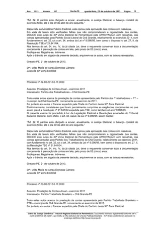 Ano

2013

, Número

207

Recife-PE,

quarta-feira, 23 de outubro de 2013

Página

13

“Art. 32. O partido está obrigado a enviar, anualmente, à Justiça Eleitoral, o balanço contábil do
exercício findo, até o dia 30 de abril do ano seguinte.”
Dada vista ao Ministério Público Eleitoral, este opinou pela aprovação das contas com ressalvas.
Em vista de terem sido verificadas falhas que não comprometeram a regularidade das contas,
DECIDE este Juízo da 30ª Zona Eleitoral de Pernambuco pela APROVAÇÃO, com ressalvas, das
contas apresentadas pelo Partido Social Liberal de Chã Grande, relativamente ao exercício 2011, com
fundamento no art. 32, c/c o art. 34, ambos da Lei nº 9.096/95, bem como o disposto no art. 27, II, da
Resolução TSE nº 21.841/04.
Nos termos do art. 34, inc. IV, da já citada Lei, deve o requerente conservar toda a documentação
concernente à prestação de contas em tela, pelo prazo de 05 (cinco) anos.
Publique-se. Registre-se. Intime-se.
Após o trânsito em julgado da presente decisão, arquivem-se os autos, com as baixas necessárias.
Gravatá-PE, 21 de outubro de 2013.
Drª. Izilda Maria de Abreu Dornelas Câmara
Juíza da 30ª Zona Eleitoral

Processo nº 22-68.2012.6.17.0030
Assunto: Prestação de Contas Anual – exercício 2011
Interessado: Partido dos Trabalhadores – Chã Grande-PE
Trata estes autos acerca da prestação de contas apresentada pelo Partido dos Trabalhadores – PT –
município de Chã Grande-PE, concernente ao exercício de 2011.
Foi juntado aos autos o Parecer expedido pela Chefe do Cartório desta 30ª Zona Eleitoral.
Preliminarmente, constata-se que foram parcialmente cumpridas as exigências concernentes ao que
assim prevê a Resolução nº 21.841/04 expedida pelo TSE, como também a Lei nº 9.096/95.
O presente exame foi procedido à luz da Legislação Eleitoral e Resoluções emanadas do Tribunal
Superior Eleitoral. Com efeito, o art. 32, caput, da Lei nº 9.096/95, assim dispõe:
“Art. 32. O partido está obrigado a enviar, anualmente, à Justiça Eleitoral, o balanço contábil do
exercício findo, até o dia 30 de abril do ano seguinte.”
Dada vista ao Ministério Público Eleitoral, este opinou pela aprovação das contas com ressalvas.
Em vista de terem sido verificadas falhas que não comprometeram a regularidade das contas,
DECIDE este Juízo da 30ª Zona Eleitoral de Pernambuco pela APROVAÇÃO, com ressalvas, das
contas apresentadas pelo Partido dos Trabalhadores de Chã Grande, relativamente ao exercício 2011,
com fundamento no art. 32, c/c o art. 34, ambos da Lei nº 9.096/95, bem como o disposto no art. 27, II,
da Resolução TSE nº 21.841/04.
Nos termos do art. 34, inc. IV, da já citada Lei, deve o requerente conservar toda a documentação
concernente à prestação de contas em tela, pelo prazo de 05 (cinco) anos.
Publique-se. Registre-se. Intime-se.
Após o trânsito em julgado da presente decisão, arquivem-se os autos, com as baixas necessárias.
Gravatá-PE, 21 de outubro de 2013.
Drª. Izilda Maria de Abreu Dornelas Câmara
Juíza da 30ª Zona Eleitoral

Processo nº 20-98.2012.6.17.0030
Assunto: Prestação de Contas Anual – exercício 2011
Interessado: Partido Trabalhista Brasileiro – Chã Grande-PE
Trata estes autos acerca da prestação de contas apresentada pelo Partido Trabalhista Brasileiro –
PTB – município de Chã Grande-PE, concernente ao exercício de 2011.
Foi juntado aos autos o Parecer expedido pela Chefe do Cartório desta 30ª Zona Eleitoral.
Diário da Justiça Eletrônico - Tribunal Regional Eleitoral de Pernambuco. Documento assinado digitalmente conforme MP n.
2.200-2/2001 de 24.8.2001, que institui a Infra-estrutura de Chaves Públicas Brasileira - ICP-Brasil, podendo ser acessado no
endereço eletrônico http://www.tre-pe.jus.br

 