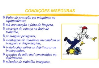 CONDIÇÕES INSEGURAS
 Falta de proteção em máquinas ou
equipamentos,
 má arrumação e falta de limpeza,
 escassez de espaço na área de
trabalho,
 passagens perigosas,
 montagem de andaimes incompleta ou
insegura e desprotegida,
 instalações elétricas defeituosas ou
inadequadas,
 escadas de mão mal construídas ou
defeituosas,
 métodos de trabalho inseguros.
 