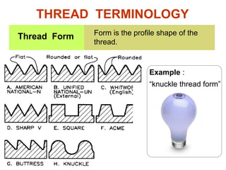 Form is the profile shape of the
thread.
Thread Form
THREAD TERMINOLOGY
Example :
“knuckle thread form”
 