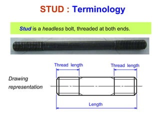Stud is a headless bolt, threaded at both ends.
STUD : Terminology
Thread length
Length
Thread length
Drawing
representation
 