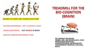 DR. BHARAT BHUSHAN
(MBBS, MD, DM-NEUROLOGY, FICP)
PROFESSOR MEDICINE,
INTERVENTIONAL NEUROLOGIST
GOVERNMENT MEDICAL COLLEGE,
KOTA
TREADMILL FOR THE
BIO-COGNITION
(BRAIN)
JOURNEY OF SHAPE AND HUMAN EVOLUTION
FACTORS RESPONSIBLE- DIET / LIFESTYLE / SLEEP
ORGAN ADAPTATION - GUT, MUSCLE & BRAIN
NEED OF CORDINATION AMONG THESE
 