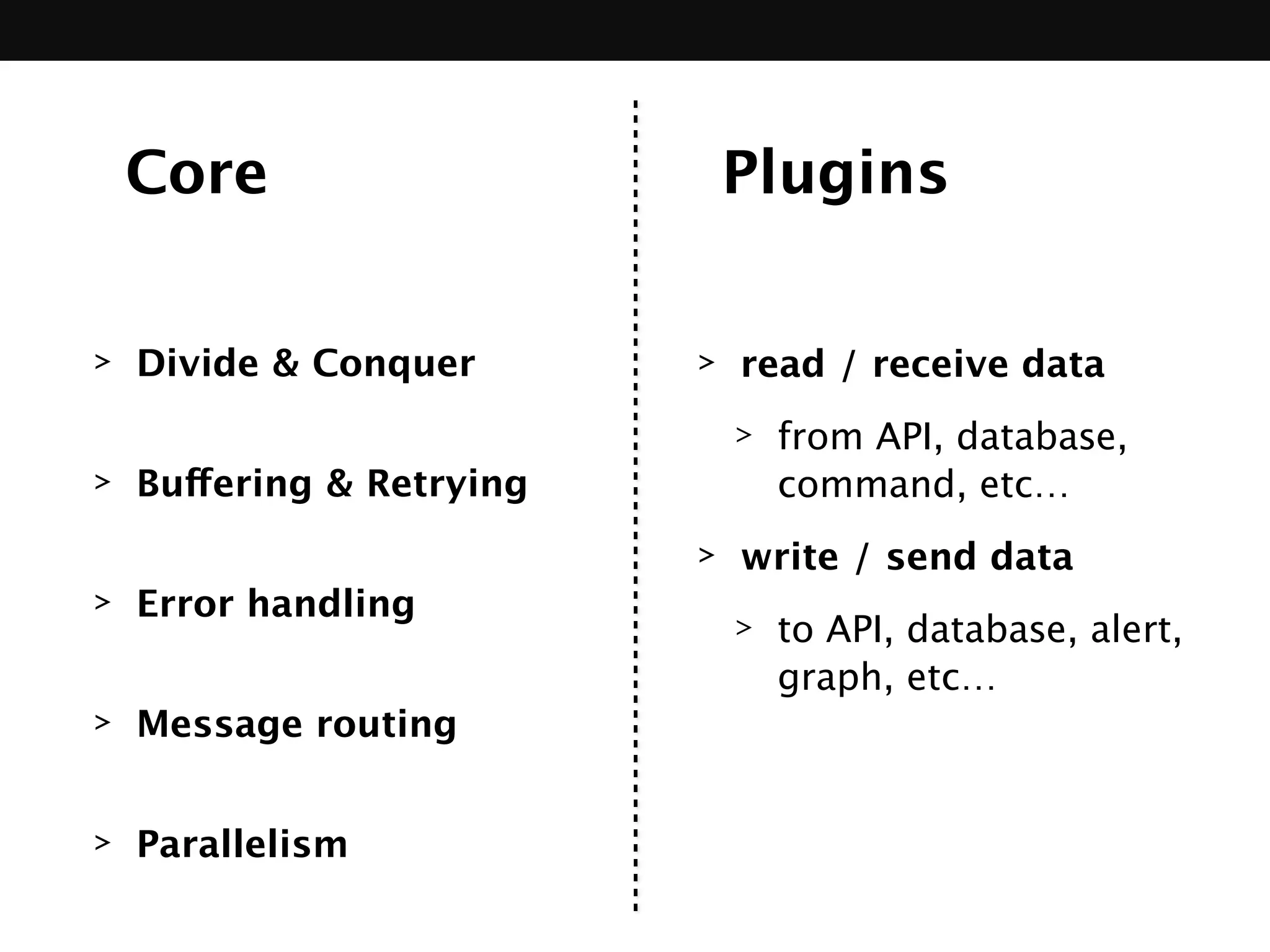Core Plugins
> Divide & Conquer 
> Buffering & Retrying 
> Error handling 
> Message routing 
> Parallelism
> read / receive data
> from API, database, 
command, etc…
> write / send data
> to API, database, alert,
graph, etc…
 