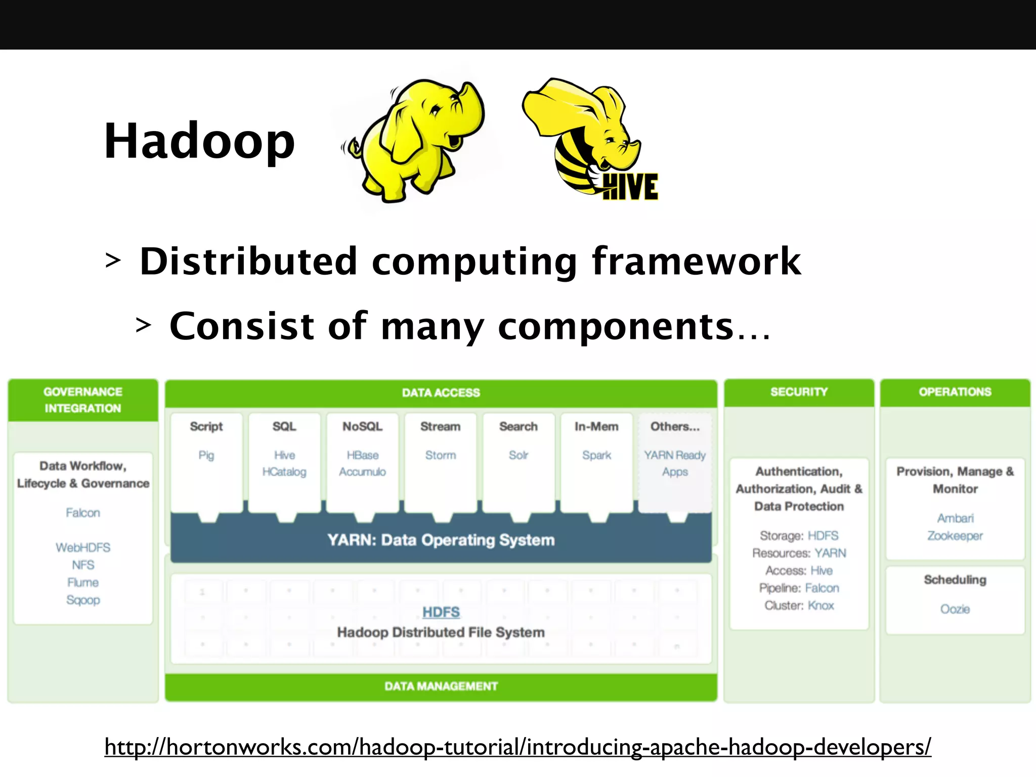 Hadoop
> Distributed computing framework
> Consist of many components… 
 
 
 
 
 
 
http://hortonworks.com/hadoop-tutorial/introducing-apache-hadoop-developers/
 