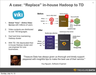 14
A case: “Replace” in-house Hadoop to TD
1. Global “Hulu” - Online Video
Service with millions of users
2. Video contents are distributed
to over 150 languages.
3. Had hard time maintaining
Hadoop cluster
4. With TD, Viki deprecated their
in-house Hadoop cluster and
use engineer for core
businesses.
Before
After
“Treasure Data has always given us thorough and timely support
peppered with insightful tips to make the best use of their service."
Huy Nguyen, Software Engineer
Sunday, July 14, 13
 