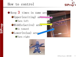 How to control

 Keep 3 times in same area.
   Upper(exciting) area
     Turn left
   Middle(active) area
     Go toward
 ...