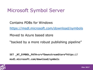Kiev 2017
Microsoft Symbol Server
Contains PDBs for Windows
https://msdl.microsoft.com/download/symbols
Moved to Azure based store
“backed by a more robust publishing pipeline”
SET _NT_SYMBOL_PATH=srv*DownstreamStore*https://
msdl.microsoft.com/download/symbols
 