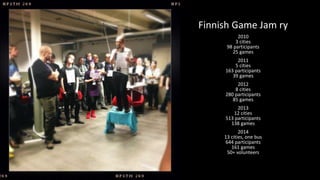 Finnish Game Jam ry
2010
3 cities
98 participants
25 games
2011
5 cities
163 participants
39 games
2012
8 cities
280 parti...