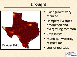 Drought

October 2011

• Plant growth very
reduced
• Hampers livestock
production and
overgrazing common
• Crop losses
• Municipal watering
restrictions
• Loss of recreation

 