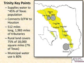 Trinity Key Points
– Supplies water to
~45% of Texas
population
– Connects D/FW to
Houston
– 512 miles
long, 1,983 miles
of tributaries
– Rural land covers
75% of 18,000
square miles (7%
of Texas)
– Municipal water
use is 80%

 