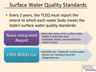 Surface Water Quality Standards
• Every 2 years, the TCEQ must report the
extent to which each water body meets the
state’s surface water quality standards:

Texas Integrated
Report

•Describes status of ALL surface water
bodies in state that were
evaluated, tested, and monitored in
recent 5 years

CWA 303(d) List

•Identifies ALL “impaired” surface water
bodies not meeting criteria for
designated uses

 