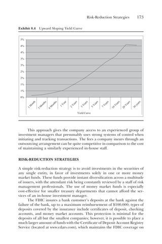 Risk-Reduction Strategies 173
Exhibit 8.4 Upward Sloping Yield Curve
0%
1%
1%
2%
2%
3%
3%
4%
4%
5%
1
M
o
n
t
h
3
M
o
n
t
h
s
6
M
o
n
t
h
s
1
Y
e
a
r
2
Y
e
a
r
s
3
Y
e
a
r
s
5
Y
e
a
r
s
7
Y
e
a
r
s
1
0
Y
e
a
r
s
2
0
Y
e
a
r
s
3
0
y
e
a
r
s
Yield Curve
This approach gives the company access to an experienced group of
investment managers that presumably uses strong systems of control when
initiating and tracking transactions. The fees a company incurs through an
outsourcing arrangement can be quite competitive in comparison to the cost
of maintaining a similarly experienced in-house staff.
RISK-REDUCTION STRATEGIES
A simple risk-reduction strategy is to avoid investments in the securities of
any single entity, in favor of investments solely in one or more money
market funds. These funds provide instant diversification across a multitude
of issuers, with the attendant risk being constantly reviewed by a staff of risk
management professionals. The use of money market funds is especially
cost-effective for smaller treasury departments that cannot afford the ser-
vices of an in-house investment manager.
The FDIC insures a bank customer’s deposits at the bank against the
failure of the bank, up to a maximum reimbursement of $100,000; types of
deposits covered by the insurance include certificates of deposit, checking
accounts, and money market accounts. This protection is minimal for the
deposits of all but the smallest companies; however, it is possible to place a
much larger amount of funds with the Certificate of Deposit Account Registry
Service (located at www.cdars.com), which maintains the FDIC coverage on
 