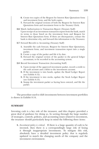 Summary 199
6. Create two copies of the Request for Interest Rate Quotations form
and investment form, and file both copies.
7. Forward the original versions of both the Request for Interest Rate
Quotations form and investment form to the Treasury Clerk.
2.6 Match Authorization to Transaction Report (Treasury Staff)
Upon receipt of an investment transaction report from the bank, match
its terms to those listed on the investment form and Request for
Interest Rate Quotations form. If there are discrepancies, contact the
bank to determine why, and forward this information to the Treasurer.
2.7 Forward Records to Accounting (Treasury Staff)
1. Assemble the cash forecast, Request for Interest Rate Quotations,
investment form, and investment transaction report into a single
packet.
2. Create a copy of the packet and file it by date.
3. Forward the original version of the packet to the general ledger
accountant, to be recorded in the accounting system.
2.8 Record Investment Transaction (Accounting Staff)
1. Upon receipt of the approved investment packet, record a credit to
the cash account and a debit to the investments account.
2. If the investment is into bonds, update the Bond Ledger Report
(see Exhibit 8.12).
3. If the investment is into stocks, update the Stock Ledger Report
(see Exhibit 8.13).
4. Stamp the investment packet as having been entered, and file the
packet.
The procedure used to shift investments between investment portfolios
is shown in Exhibit 8.14.
SUMMARY
Investing cash is a key role of the treasurer, and this chapter provided a
great deal of guidance for doing so. In sorting through the large number
of strategies, controls, policies, and accounting issues related to investment,
the treasurer should particularly keep in mind the following three items:
1. Investment policy is critical. If there is a large quantity of cash to be
invested, then there is a correspondingly large risk of losing
it through inappropriate investments. To mitigate this risk,
absolutely have a detailed investment policy that is regularly
updated to match the changing needs of the company and the
investment environment.
 
