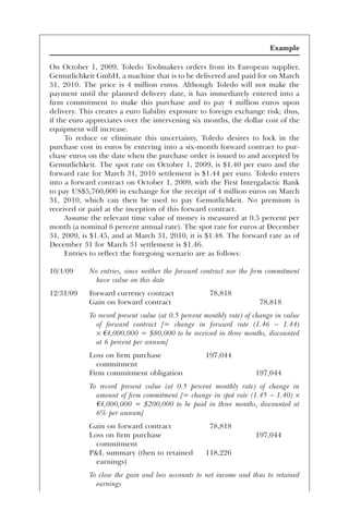 Example
On October 1, 2009, Toledo Toolmakers orders from its European supplier,
Gemutlichkeit GmbH, a machine that is to be delivered and paid for on March
31, 2010. The price is 4 million euros. Although Toledo will not make the
payment until the planned delivery date, it has immediately entered into a
firm commitment to make this purchase and to pay 4 million euros upon
delivery. This creates a euro liability exposure to foreign exchange risk; thus,
if the euro appreciates over the intervening six months, the dollar cost of the
equipment will increase.
To reduce or eliminate this uncertainty, Toledo desires to lock in the
purchase cost in euros by entering into a six-month forward contract to pur-
chase euros on the date when the purchase order is issued to and accepted by
Gemutlichkeit. The spot rate on October 1, 2009, is $1.40 per euro and the
forward rate for March 31, 2010 settlement is $1.44 per euro. Toledo enters
into a forward contract on October 1, 2009, with the First Intergalactic Bank
to pay US$5,760,000 in exchange for the receipt of 4 million euros on March
31, 2010, which can then be used to pay Gemutlichkeit. No premium is
received or paid at the inception of this forward contract.
Assume the relevant time value of money is measured at 0.5 percent per
month (a nominal 6 percent annual rate). The spot rate for euros at December
31, 2009, is $1.45, and at March 31, 2010, it is $1.48. The forward rate as of
December 31 for March 31 settlement is $1.46.
Entries to reflect the foregoing scenario are as follows:
10/1/09 No entries, since neither the forward contract nor the firm commitment
have value on this date
12/31/09 Forward currency contract 78,818
Gain on forward contract 78,818
To record present value (at 0.5 percent monthly rate) of change in value
of forward contract [= change in forward rate (1.46 − 1.44)
× à4,000,000 = $80,000 to be received in three months, discounted
at 6 percent per annum]
Loss on firm purchase
commitment
197,044
Firm commitment obligation 197,044
To record present value (at 0.5 percent monthly rate) of change in
amount of firm commitment [= change in spot rate (1.45 − 1.40) ×
à4,000,000 = $200,000 to be paid in three months, discounted at
6% per annum]
Gain on forward contract 78,818
Loss on firm purchase
commitment
197,044
P&L summary (then to retained
earnings)
118,226
To close the gain and loss accounts to net income and thus to retained
earnings
 