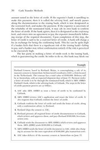 30 Cash Transfer Methods
amount noted in the letter of credit. If the exporter’s bank is unwilling to
make this payment, then it is called the advising bank, and merely passes
along the documentation to the issuing bank, which is now designated as
the nominated bank, and makes the payment. If the exporter is uncertain of
the reliability of the nominated bank, it may ask its own bank to confirm
the letter of credit. If the bank agrees, then it is designated as the confirming
bank, and enters into an agreement to pay the exporter immediately follow-
ing receipt of the required documents. Upon completion of this step, the
letter of credit is said to be a confirmed letter of credit. A bank will charge a
fee in exchange for being the confirming bank. This fee can be quite high
if a banker feels that there is a significant risk of the issuing bank’s failing
to pay, and a banker may refuse confirmation entirely if the risk is perceived
to be excessively high.
The key party in making a letter of credit work is the issuing bank,
which is guaranteeing the credit. In order to do so, this bank may block out
Example
Portland Cement, based in Portland, Maine, is contemplating a sale of its
masonry cement to Amsterdam Architectural Consultants (AAC), a firm located
in the Netherlands. The contract has a total value of $500,000. Delivery will
be at Amsterdam, with an expected shipment date of June 15. Payment under
a letter of credit is to be through the nominated bank, which is ABN AMRO.
Portland’s bank, which is the advising bank, is Citibank. The steps in the letter
of credit payment process are as follows:
1. AAC asks ABN AMRO to issue a letter of credit to be confirmed by
Citibank.
2. ABN AMRO reviews AAC’s application and issues the letter of credit. It
also requests that Citibank confirm the letter of credit.
3. Citibank confirms the letter of credit and sends the letter of credit, along
with a confirmation advice, to Portland.
4. Portland ships the cement to AAC.
5. Portland presents all required letter of credit documentation to Citibank,
which reviews and approves them, and pays Portland $500,000, less trans-
action costs.
6. Citibank sends the documents to ABN AMRO, which reviews and approves
them. ABN AMRO sends $500,000 to Citibank.
7. ABN AMRO sends the letter of credit documents to AAC, while also charg-
ing its account for the euro equivalent of $500,000, plus transaction costs.
8. AAC takes delivery of the masonry cement at Amsterdam on June 15.
 