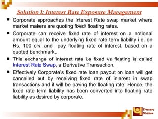 Solution 1: Interest Rate Exposure Management 
 Corporate approaches the Interest Rate swap market where 
market makers are quoting fixed/ floating rates. 
 Corporate can receive fixed rate of interest on a notional 
amount equal to the underlying fixed rate term liability i.e. on 
Rs. 100 crs. and pay floating rate of interest, based on a 
quoted benchmark,. 
 This exchange of interest rate i.e fixed vs floating is called 
Interest Rate Swap, a Derivative Transaction. 
 Effectively Corporate’s fixed rate loan payout on loan will get 
cancelled out by receiving fixed rate of interest in swap 
transactions and it will be paying the floating rate. Hence, the 
fixed rate term liability has been converted into floating rate 
liability as desired by corporate. 
TTrreeaassuurryy 
DDiivviissiioonn 
 