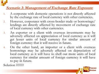Scenario 3: Management of Exchange Rate Exposure 
1. A corporate with domestic operations is not directly affected 
by the exchange rate of local currency with other currencies. 
2. However, corporates with cross-border trade or borrowings/ 
lendings are directly affected by movement of exchange rate 
of local currency with other currencies. 
3. An exporter or a client with overseas investments may be 
adversely affected on appreciation of local currency as it will 
get lesser units of local currency for similar amount of 
foreign currency that it will receive in future. 
4. On the other hand, an importer or a client with overseas 
borrowings may be adversely affected on depreciation of 
local currency as it will have to shell out more units of local 
currency for similar amount of foreign currency it will have 
to pay in future. 
TTrreeaassuurryy 
DDiivviissiioonn 
Solution ?????? 
 