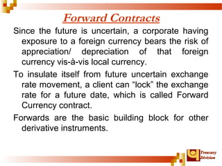 TTrreeaassuurryy 
DDiivviissiioonn 
Forward Contracts 
Since the future is uncertain, a corporate having 
exposure to a foreign currency bears the risk of 
appreciation/ depreciation of that foreign 
currency vis-à-vis local currency. 
To insulate itself from future uncertain exchange 
rate movement, a client can “lock” the exchange 
rate for a future date, which is called Forward 
Currency contract. 
Forwards are the basic building block for other 
derivative instruments. 
 