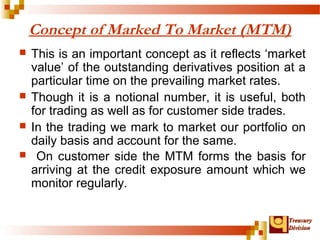 Concept of Marked To Market (MTM) 
 This is an important concept as it reflects ‘market 
value’ of the outstanding derivatives position at a 
particular time on the prevailing market rates. 
 Though it is a notional number, it is useful, both 
for trading as well as for customer side trades. 
 In the trading we mark to market our portfolio on 
daily basis and account for the same. 
 On customer side the MTM forms the basis for 
arriving at the credit exposure amount which we 
monitor regularly. 
TTrreeaassuurryy 
DDiivviissiioonn 
 