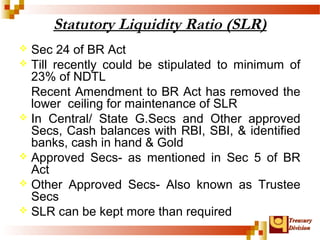 TTrreeaassuurryy 
DDiivviissiioonn 
Statutory Liquidity Ratio (SLR) 
 Sec 24 of BR Act 
 Till recently could be stipulated to minimum of 
23% of NDTL 
Recent Amendment to BR Act has removed the 
lower ceiling for maintenance of SLR 
 In Central/ State G.Secs and Other approved 
Secs, Cash balances with RBI, SBI, & identified 
banks, cash in hand & Gold 
 Approved Secs- as mentioned in Sec 5 of BR 
Act 
 Other Approved Secs- Also known as Trustee 
Secs 
 SLR can be kept more than required 
 