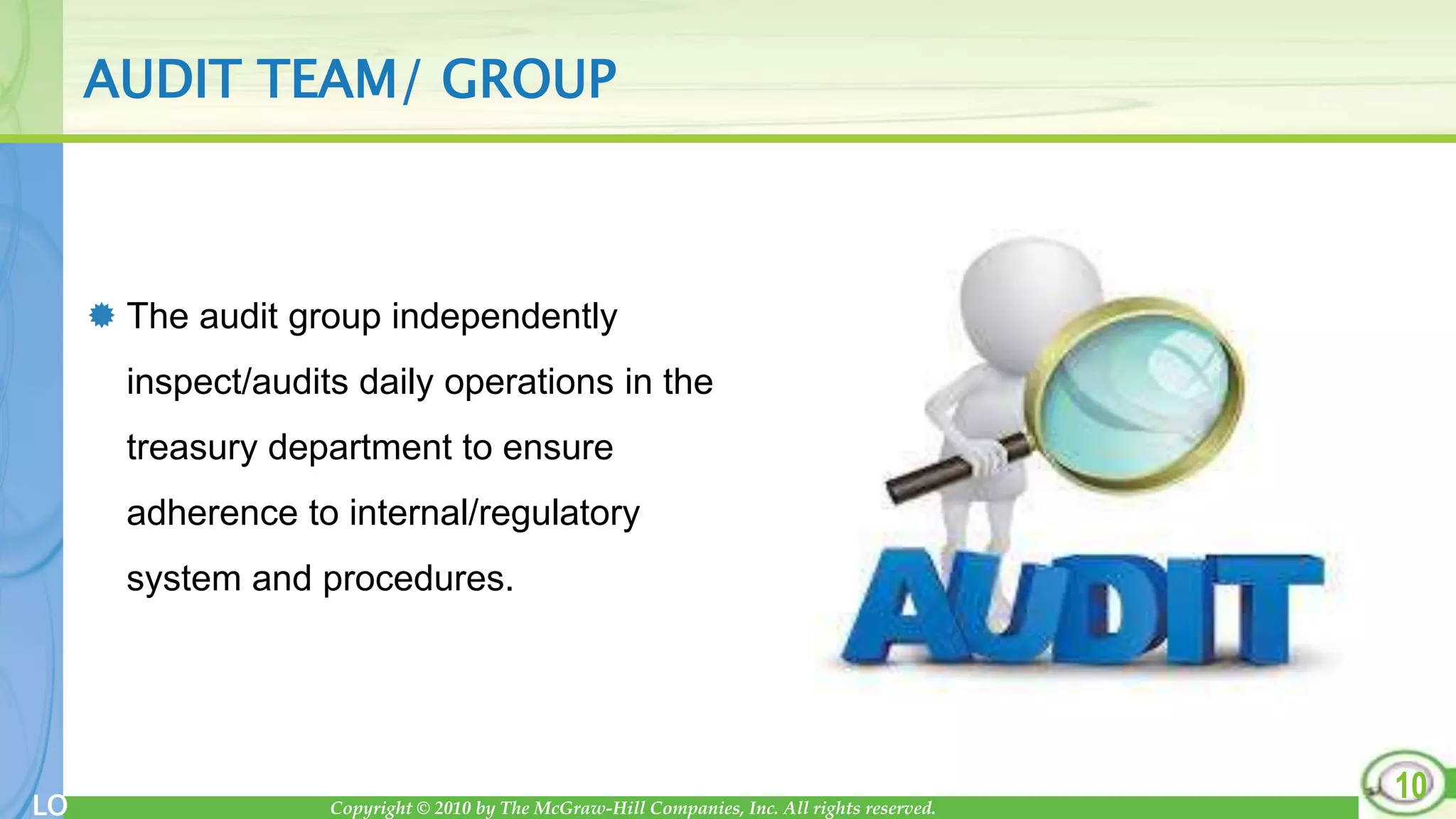 Copyright © 2010 by The McGraw-Hill Companies, Inc. All rights reserved.
LO
AUDIT TEAM/ GROUP
 The audit group independently
inspect/audits daily operations in the
treasury department to ensure
adherence to internal/regulatory
system and procedures.
10
 