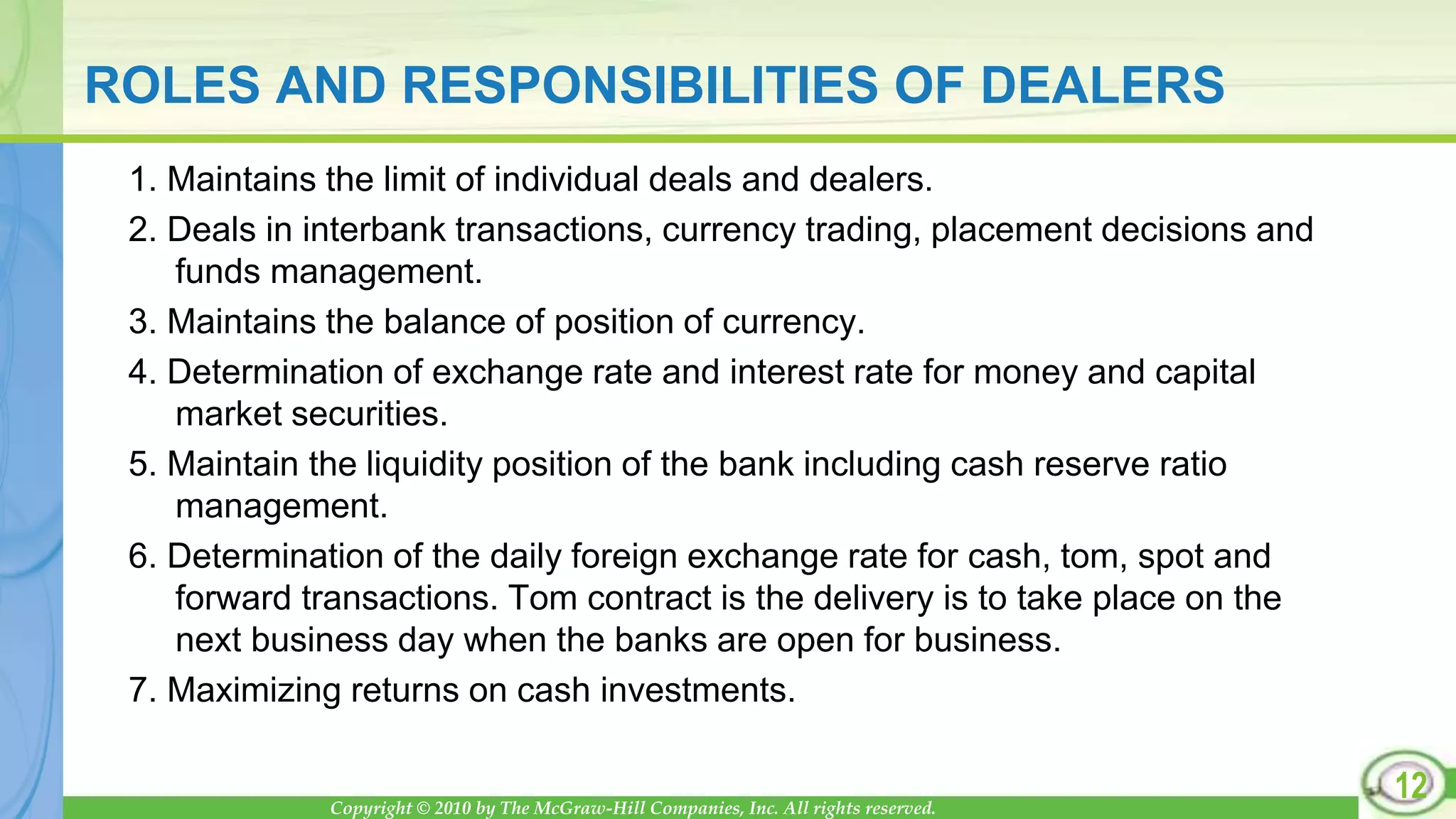 Copyright © 2010 by The McGraw-Hill Companies, Inc. All rights reserved.
ROLES AND RESPONSIBILITIES OF DEALERS
1. Maintains the limit of individual deals and dealers.
2. Deals in interbank transactions, currency trading, placement decisions and
funds management.
3. Maintains the balance of position of currency.
4. Determination of exchange rate and interest rate for money and capital
market securities.
5. Maintain the liquidity position of the bank including cash reserve ratio
management.
6. Determination of the daily foreign exchange rate for cash, tom, spot and
forward transactions. Tom contract is the delivery is to take place on the
next business day when the banks are open for business.
7. Maximizing returns on cash investments.
12
 