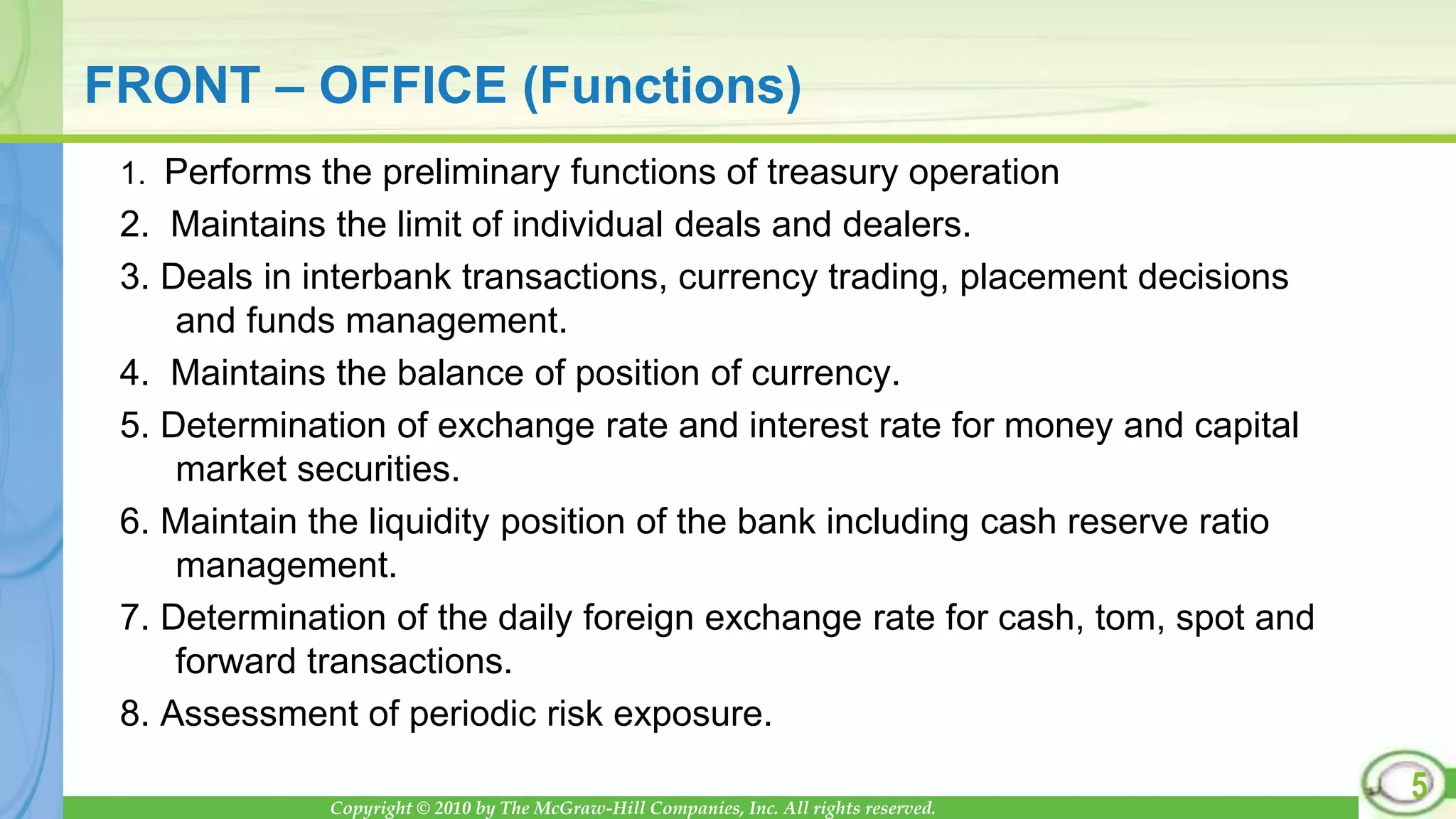 Copyright © 2010 by The McGraw-Hill Companies, Inc. All rights reserved.
FRONT – OFFICE (Functions)
1. Performs the preliminary functions of treasury operation
2. Maintains the limit of individual deals and dealers.
3. Deals in interbank transactions, currency trading, placement decisions
and funds management.
4. Maintains the balance of position of currency.
5. Determination of exchange rate and interest rate for money and capital
market securities.
6. Maintain the liquidity position of the bank including cash reserve ratio
management.
7. Determination of the daily foreign exchange rate for cash, tom, spot and
forward transactions.
8. Assessment of periodic risk exposure.
5
 