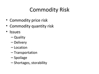 Commodity Risk
• Commodity price risk
• Commodity quantity risk
• Issues
  – Quality
  – Delivery
  – Location
  – Transportation
  – Spoilage
  – Shortages, storability
 