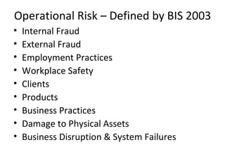 Operational Risk – Defined by BIS 2003
•   Internal Fraud
•   External Fraud
•   Employment Practices
•   Workplace Safety
•   Clients
•   Products
•   Business Practices
•   Damage to Physical Assets
•   Business Disruption & System Failures
 
