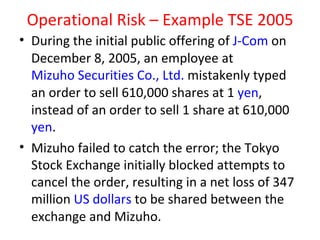 Operational Risk – Example TSE 2005
• During the initial public offering of J-Com on
  December 8, 2005, an employee at
  Mizuho Securities Co., Ltd. mistakenly typed
  an order to sell 610,000 shares at 1 yen,
  instead of an order to sell 1 share at 610,000
  yen.
• Mizuho failed to catch the error; the Tokyo
  Stock Exchange initially blocked attempts to
  cancel the order, resulting in a net loss of 347
  million US dollars to be shared between the
  exchange and Mizuho.
 