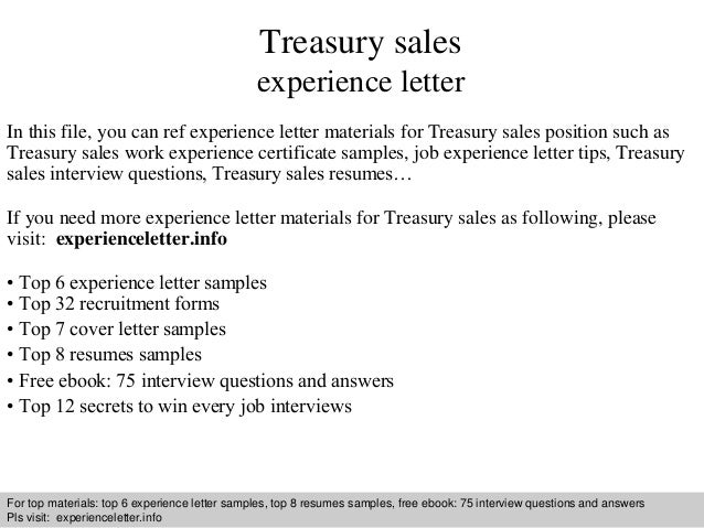 Treasury Sales Experience Letter