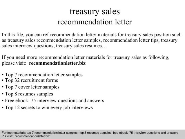 Treasury Sales Recommendation Letter