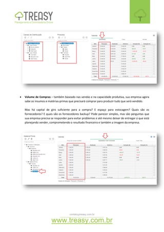 contato@treasy.com.br
www.treasy.com.br
 Volume de Compras – também baseado nas vendas e na capacidade produtiva, sua empresa agora
sabe os insumos e matérias-primas que precisará comprar para produzir tudo que será vendido.
Mas há capital de giro suficiente para a compra? E espaço para estocagem? Quais são os
fornecedores? E quais são os fornecedores backup? Pode parecer simples, mas são perguntas que
sua empresa precisa se responder para evitar problemas e até mesmo deixar de entregar o que está
planejando vender, comprometendo o resultado financeiro e também a imagem da empresa.
 