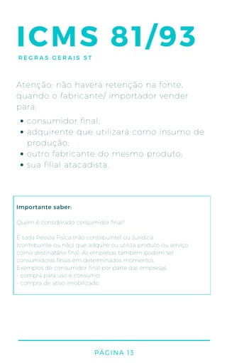 ICMS 81/93
Atenção: não haverá retenção na fonte,
quando o fabricante/ importador vender
para:
consumidor final;
adquirente que utilizará como insumo de
produção;
outro fabricante do mesmo produto;
sua filial atacadista.
Quem é considerado consumidor final?
É toda Pessoa Física (não contribuinte) ou Jurídica
(contribuinte ou não) que adquire ou utiliza produto ou serviço
como destinatário final. As empresas também podem ser
consumidoras finais em determinados momentos.
Exemplos de consumidor final por parte das empresas:
- compra para uso e consumo;
- compra de ativo imobilizado.
Importante saber:
PÁGINA 13
REGRAS GERAIS ST
 