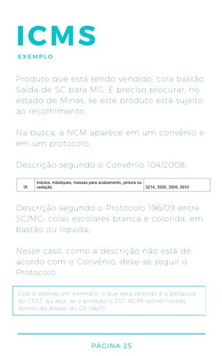 PÁGINA 25
ICMSEXEMPLO
Produto que está sendo vendido: cola bastão
Saída de SC para MG. É preciso procurar, no
estado de Minas, se este produto está sujeito
ao recolhimento.
Na busca, a NCM aparece em um convênio e
em um protocolo.
Descrição segundo o Convênio 104/2008:
Descrição segundo o Protocolo 196/09 entre
SC/MG: colas escolares branca e colorida, em
bastão ou líquida;
Nesse caso, como a descrição não está de
acordo com o Convênio, deve-se seguir o
Protocolo.
Este é apenas um exemplo, o que está valendo é a pesquisa
do CEST, ou seja, se o produto (CEST-NCM) estiver listado
dentro do Anexo do CV 146/15.
 