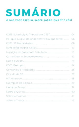 SUMÁRIO
ICMS Substituição Tributária e CEST......................................
Por que surgiu? De onde vem? Para que serve? ..........
ICMS-ST Modalidades........................................................................
ICMS 81/93 Regras Gerais................................................................
Inscrição de Substituto Tributário............................................
Como fazer o Enquadramento .................................................
Onde buscar?...........................................................................................
ICMS Exemplo.........................................................................................
Convênios e Protocolos ...................................................................
Cálculo da ST............................................................................................
IVA Ajustado..............................................................................................
Exemplos de Cálculo..........................................................................
Linha do Tempo......................................................................................
Sobre a Quirius........................................................................................
Sobre o Cosmos......................................................................................
Sobre a Treasy..........................................................................................
04
06
08
12
19
22
23
24
26
27
28
29
34
40
41
42
O QUE VOCÊ PRECISA SABER SOBRE ICMS ST E CEST
 