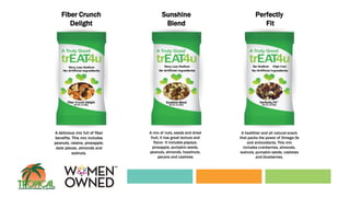 Fiber Crunch
Delight
A delicious mix full of fiber
benefits. This mix includes
peanuts, raisins, pineapple,
date pieces, almonds and
walnuts.
Sunshine
Blend
Perfectly
Fit
A mix of nuts, seeds and dried
fruit, it has great texture and
flavor. It includes papaya,
pineapple, pumpkin seeds,
peanuts, almonds, hazelnuts,
pecans and cashews
A healthier and all natural snack
that packs the power of Omega-3s
and antioxidants. This mix
includes cranberries, almonds,
walnuts, pumpkin seeds, cashews
and blueberries.
 