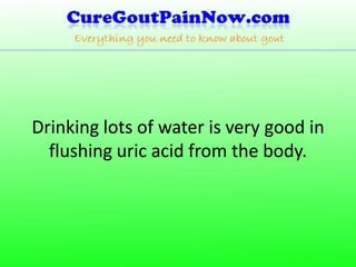 Drinking lots of water is very good in
flushing uric acid from the body.