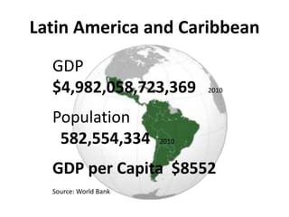 Latin America and Caribbean
  GDP
  $4,982,058,723,369          2010



  Population
   582,554,334         2010



  GDP per Capita $8552
  Source: World Bank
 