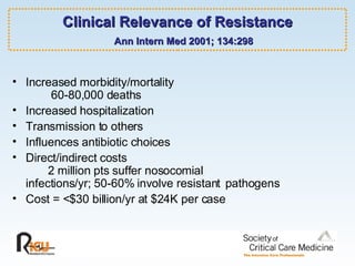 Clinical Relevance of Resistance   Ann Intern Med 2001; 134:298 Increased morbidity/mortality  60-80,000 deaths Increased hospitalization Transmission to others Influences antibiotic choices Direct/indirect costs 2 million pts suffer nosocomial  infections/yr; 50-60% involve resistant  pathogens Cost = <$30 billion/yr at $24K per case 