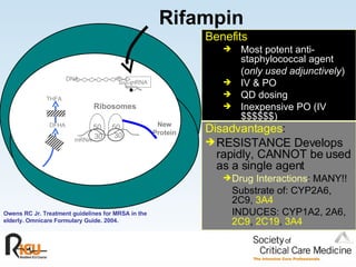 Rifampin 50 50 30 30 Ribosomes DFHA THFA DNA mRNA mRNA New Protein Benefits :  Most potent anti-staphylococcal agent  ( only used adjunctively ) IV & PO QD dosing Inexpensive PO (IV $$$$$$) Disadvantages :  RESISTANCE Develops rapidly, CANNOT be used as a single agent Drug Interactions : MANY!! Substrate of: CYP2A6, 2C9,  3A4 INDUCES: CYP1A2, 2A6,  2C9 ,  2C19 ,  3A4 Owens RC Jr. Treatment guidelines for MRSA in the elderly. Omnicare Formulary Guide. 2004. 