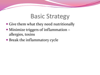 Basic StrategyGive them what they need nutritionallyMinimize triggers of inflammation – allergies, toxinsBreak the inflammatory cycle