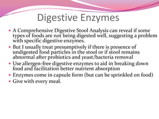 P5P form of vitamin B6 sometimes is better tolerated. This is the activated form of  B6Essential Fatty AcidsRationale:	Most people in the US do not consume enough omega 3’s. Two studies found that children with autism have lower levels of omega 3 fatty acids than do typical children. The form that is in Flax is inferior to that derived from fishBalancing Omega 3: Omega 6Omega 6: ¼ as much omega 6 as omega 3;  Evening primrose oil or borage oil