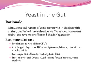 Amino AcidsRationale:   	Some children with autism have digestive problems and self-limited diets that are low in protein. 	This can lead to amino acid deficiency, (get fasting blood panel to identify)  depriving the brain of neurotransmitters, hormones, enzymes, antibodies, immunoglobulins, glutathione, etc.Recommendations:Test: Fasting plasma amino acids, and possibly 24 hr urine (NOTE: unusually high levels in urine may indicate wasting)Increase protein intakeUse digestive enzymesGive a customized amino acid  