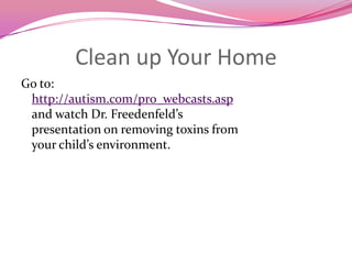 SulfationRationale:Many children with autism have excess loss of sulfate in their urine, resulting in a low level of sulfate in their body.Recommendations:Testing:  Urine testing of free and total sulfate is useful to check for excessive loss of sulfate.  Blood testing can be used to check for levels of free and total plasma sulfate.Treatments: Oral MSM (500-2000 mg depending on size and sulfate level)Epsom Salt (magnesium sulfate) baths – 2 cups of Epsom salts in warm/hot water, submerged up to necksoak for 20 minutes, dailyEpsom salt rubs: see article on Medical Topics Section at www.wholisticpeds.com  