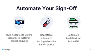 21
Automate Your Sign-Off
Build Acceptance Criteria
scenarios in customer-
centric language
Repeatable
automated
testing raises the
bar on quality
Automate
by default, no
brittle UX!
 