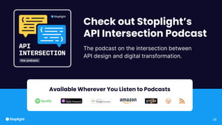 28
Check out Stoplight’s
API Intersection Podcast
The podcast on the intersection between
API design and digital transformation.
Available Wherever You Listen to Podcasts
 