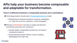 6
APIs help your business become composable
and adaptable for transformation.
There’s a difference between a composable business and a marketplace.
● Technology leaders should seek a Composable business model.
→ Modularized architecture based on business capabilities,
i.e. “what do we do for customers, in their language?”
● Whereas a Marketplace focuses on supply and demand
connecting consumers and producers.
→ Usually implies composable architecture, but doesn’t
necessarily require it.
→ Understanding network effects is key to building
Marketplaces the right way
 